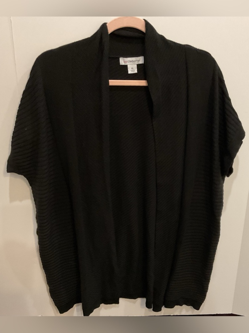 Liz Claiborne Black Short Sleeve Open-Front Draped Cardigan